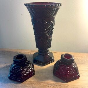 Vintage Avon Cape Cod Ruby Red Flower Vase and Pair of Candleholders